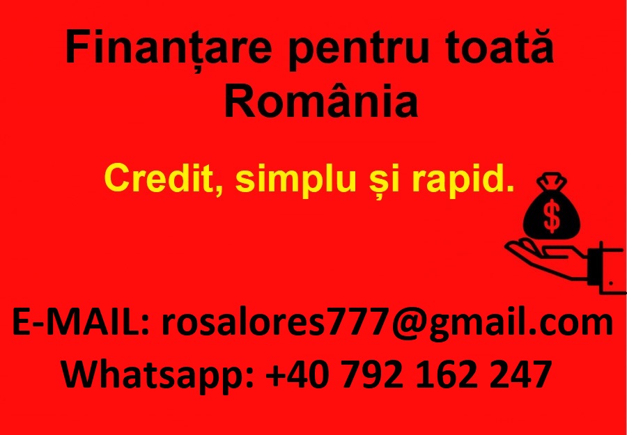 Escorte Sexy - Bucuresti - Credite pentruromâni.  
Aveți nevoie de finanțare imobiliară pentru afacerea dumneavoastră, pentru a cumpăra o mașină, o motocicletă sau pentru a vă înființa propria firmă?
Ofer credite personale la o dobândă nominală de 3%, indiferent de sumă.  
Vă rugăm să specificați suma exactă și termenul de rambursare în cererile dumneavoastră de credit.  
Email: rosalores777@gmail.  com
WHATSAPP: +40 792 162 247
