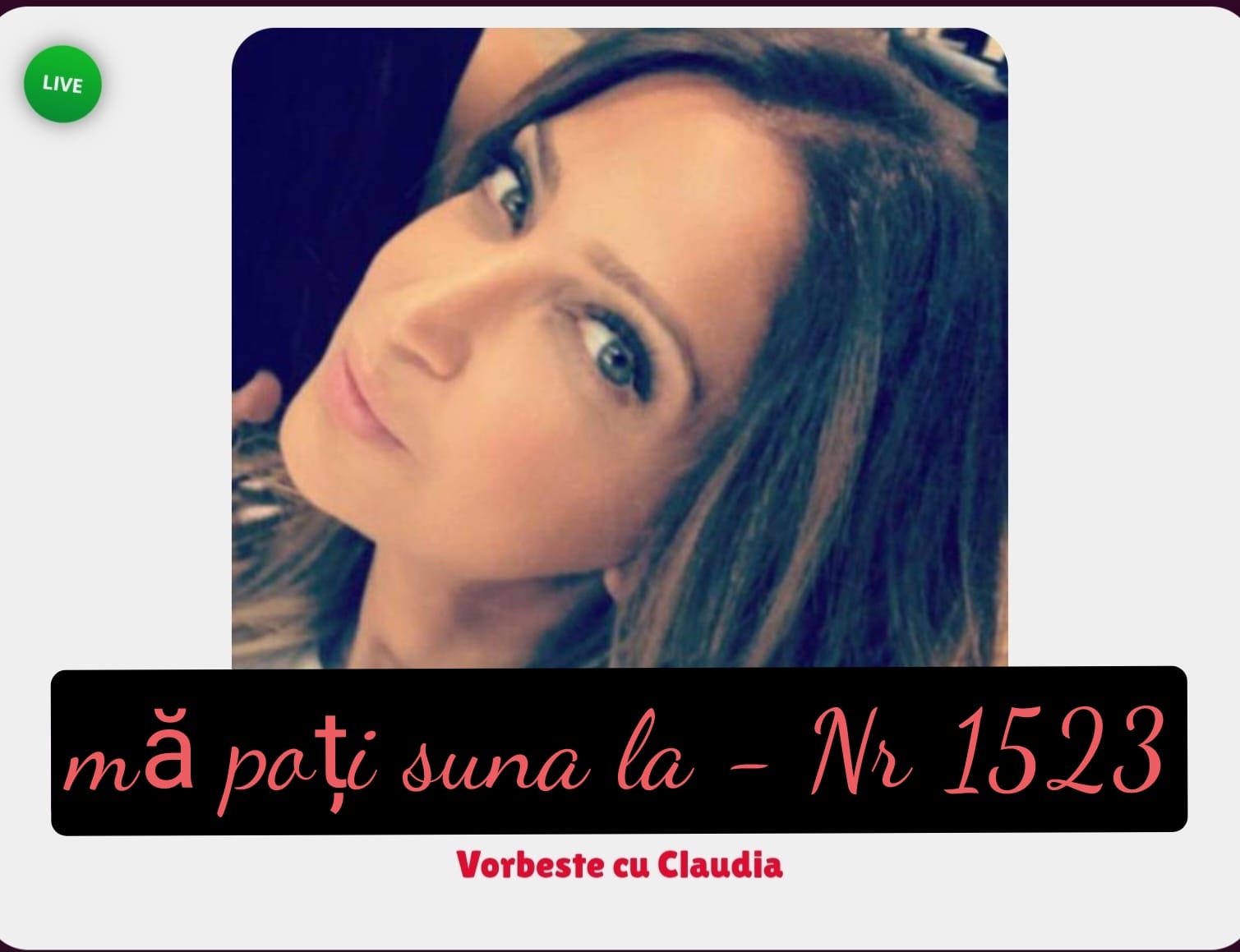Escorte Sexy - Toată Tara - Vocea mea e suficientă să-ți ridice pulsul…
Sunt aici să-ți șoptesc ce nu ai îndrăznit niciodată să spui cu voce tare.  
Nu judec, nu refuz – doar ascult… și provoc.  
 Trimite-mi un SMS sau sună la 1523 și intră într-o lume unde fanteziile tale sunt pe primul loc.  
 Serviciu destinat exclusiv adulților
 Tarif: 1, 5€/fără TVA