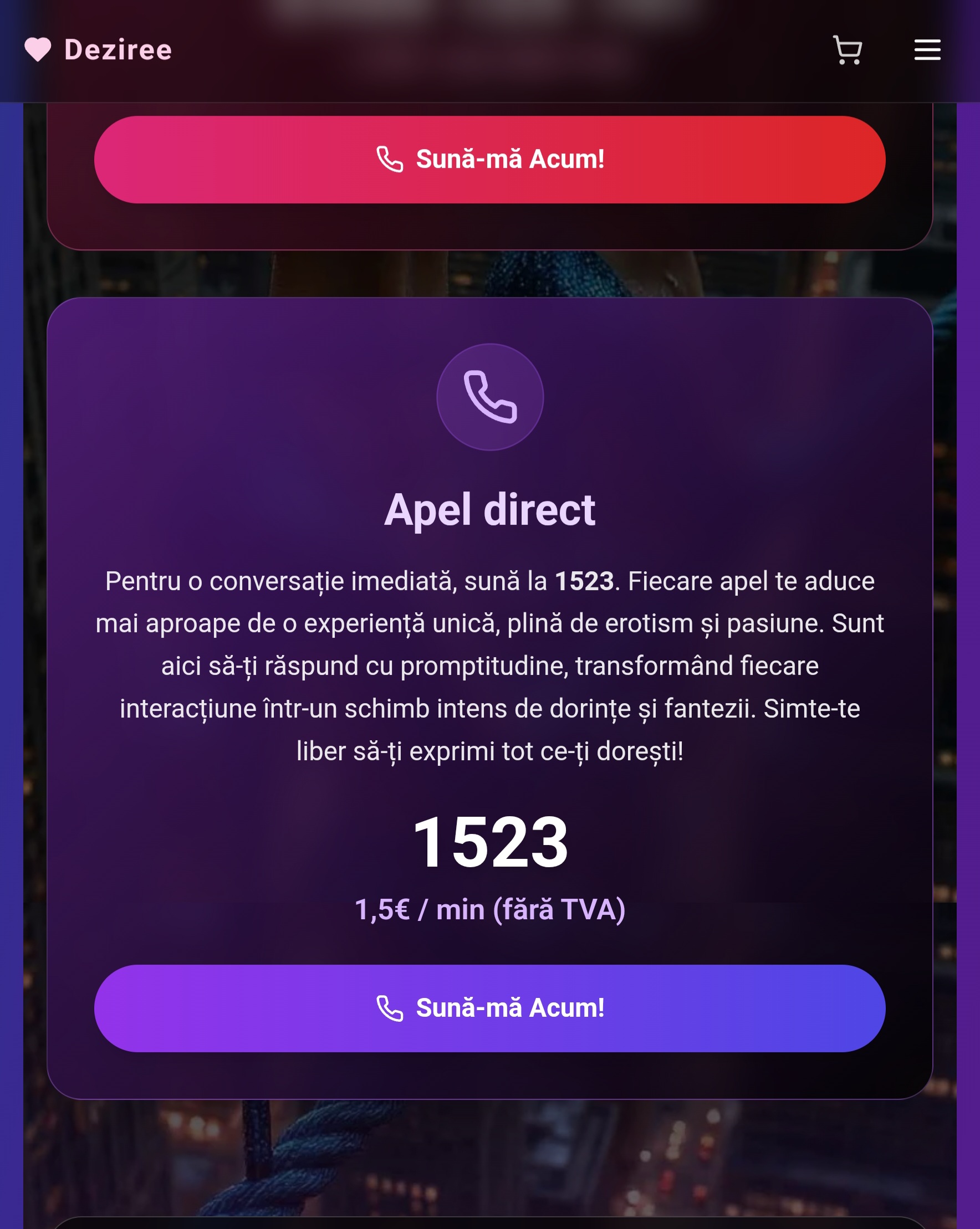 Escorte Sexy - Toată Tara - Ia-ți timpul de care ai nevoie! 
Vrei să te relaxezi, să înveți ceva nou sau să te bucuri de un moment doar pentru tine? ⏱️
Cum funcționează:
Intră pe deziree.  net și alege pachetul de minute care ți se potrivește.  
Plătește rapid și sigur prin card , din orice colț al lumii.  
Minutele tale încep imediat ce plata este confirmată!
 Minutele tale, în ritmul tău, oriunde te afli!
Vizitează deziree.  net și alege pachetul perfect pentru tine!