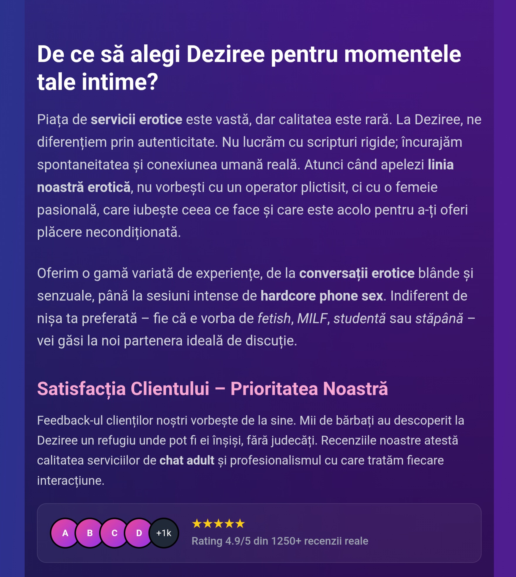 Escorte Sexy - Deziree.net - Linie erotica premium- intra in site-ul oficial Deziree.  net si alege din oferta de minute promotionale.  Poti benefia de placerea Deziree din orice tara a lumii! Noi nu promitem, noi facem! Poti suna direct sau trimite mesaj la numarul scurt de telefon 1523