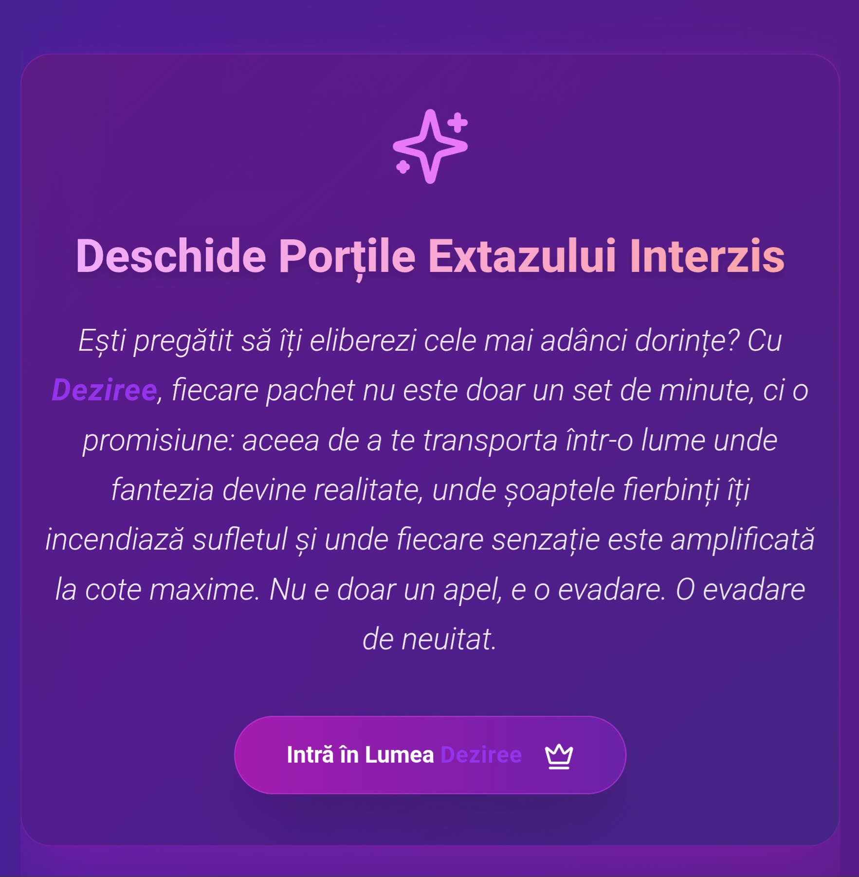 Escorte Sexy - Deziree.net - Intră pe Deziree.  net.  Acolo unde dorințele nu mai au filtre.  Conexiuni discrete, conversații fierbinți și fantezii fără limite — totul într-un singur loc.  Descoperă, explorează, simte.  Click… și facem tot ce vrei.  ♡♡♡♡Tarif ( 1, 7o euro fară tva) .  Pupic / trimite mesaj la numărul scurt de telefon 1523 și hai in lumea Deziree