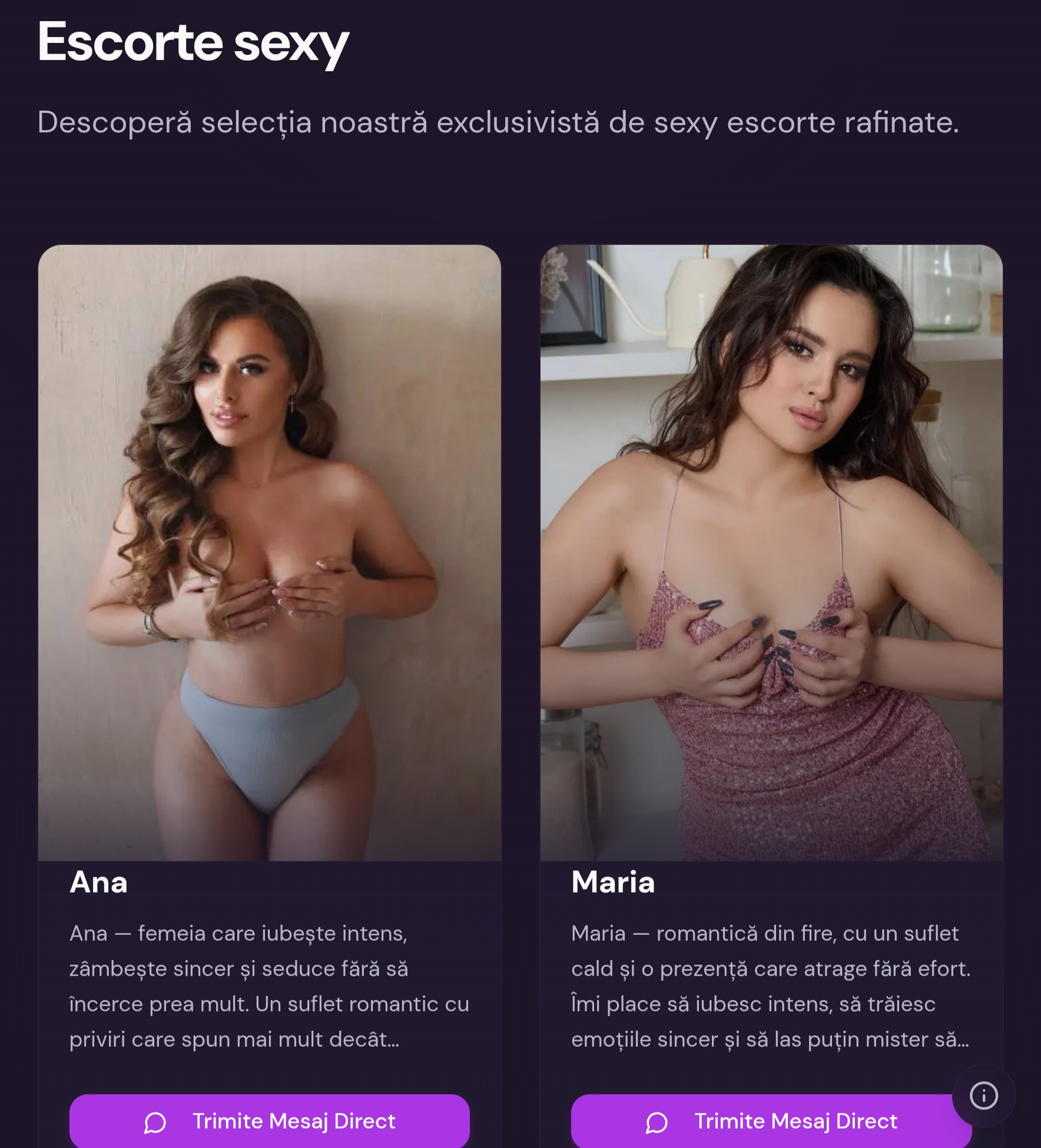 Escorte Sexy - Sexylinechat-escorte.com - Ana — femeia care iubește intens, zâmbește sincer și seduce fără să încerce prea mult.  Un suflet romantic cu priviri care spun mai mult decât cuvintele, atitudine delicată și un strop de îndrăzneală.  Între pasiune și eleganță, las mereu loc pentru puțin mister.  Pentru mai multe detalii îmi poți trimite mesaj la numărul scurt de telefon 1523